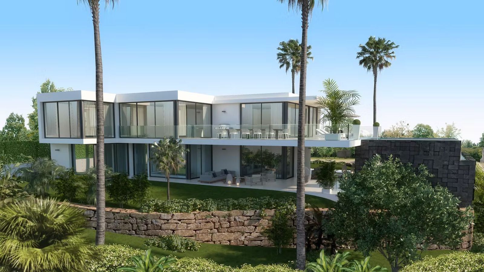 Modern two-story house with large glass windows, balcony, and palm trees.
