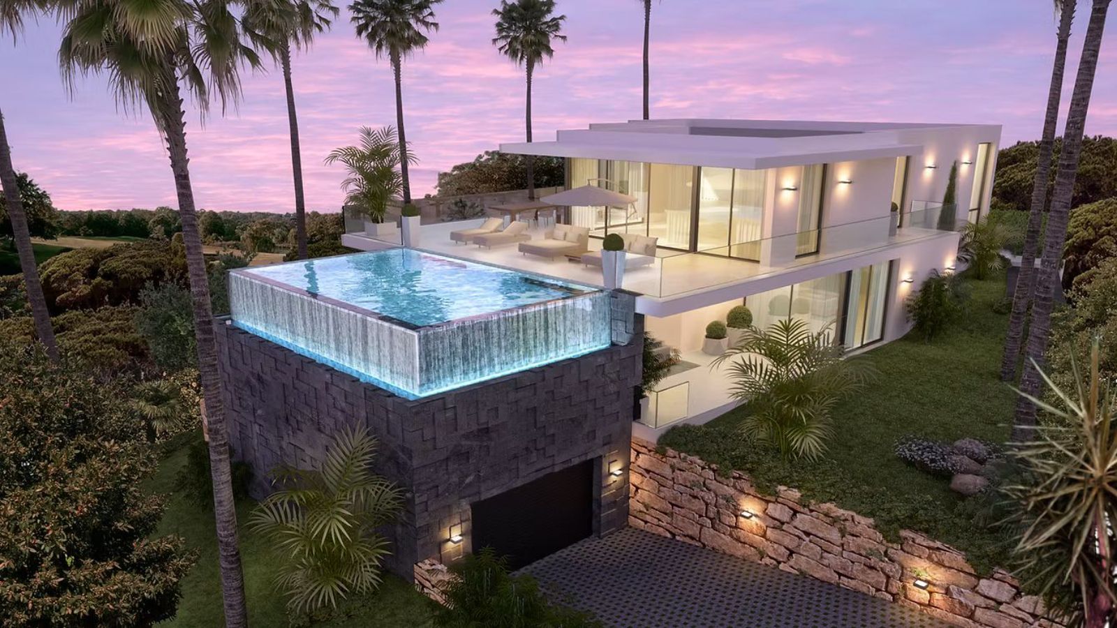Modern luxury villa with rooftop pool, scenic sunset view, and lush landscaping.
